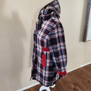 EUC Honee Hooded Coat Vintage Plaid Dark Navy, Red, Yellow -L toggle Pea Coat